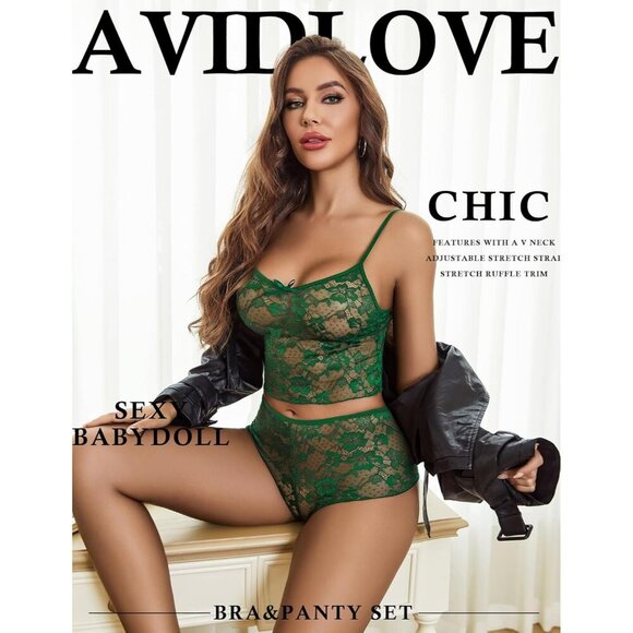 🆕Women Green Lace Bra and Panty Set V Neck Baby doll 2 Piece Mesh Bralette Set - Picture 2 of 7